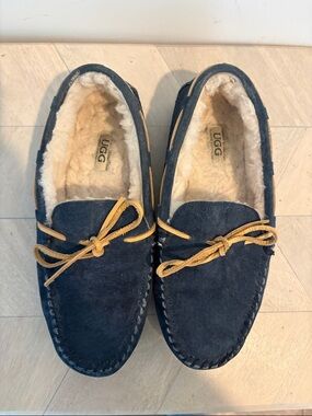 UGG Navy Suede Shearling-Lined Moccasins with Tan Laces
